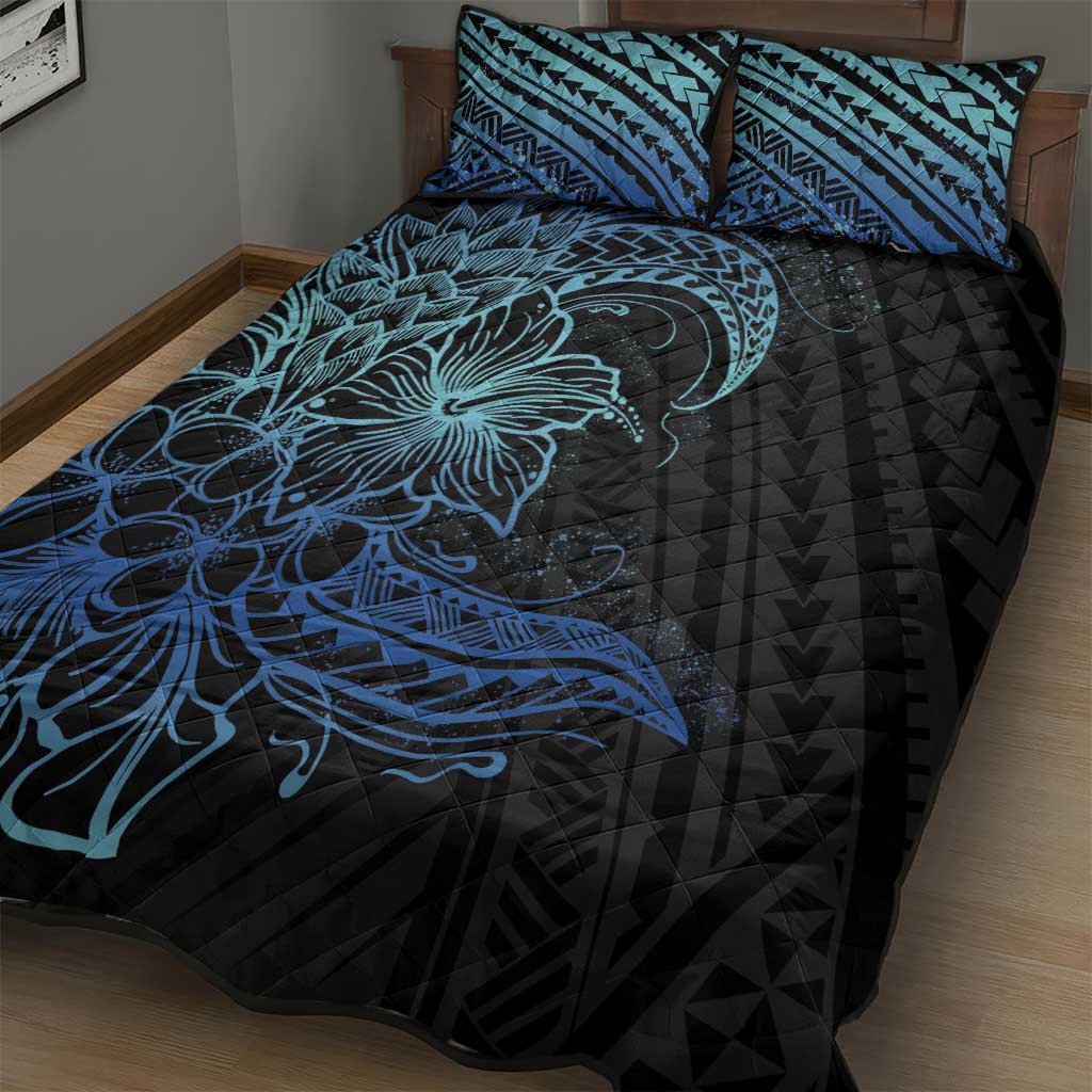 Floral Polynesian Hibiscus Tattoo Quilt Bed Set Blue Gradient Style LT9 - Polynesian Pride