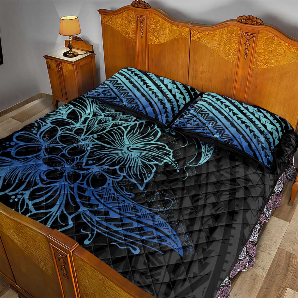 Floral Polynesian Hibiscus Tattoo Quilt Bed Set Blue Gradient Style LT9 - Polynesian Pride