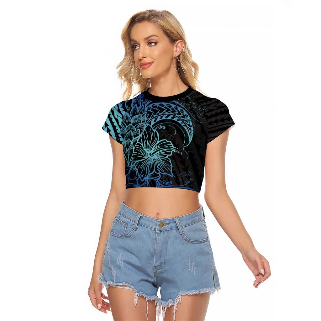 Floral Polynesian Hibiscus Tattoo Raglan Cropped T Shirt Blue Gradient Style LT9 Female Blue - Polynesian Pride