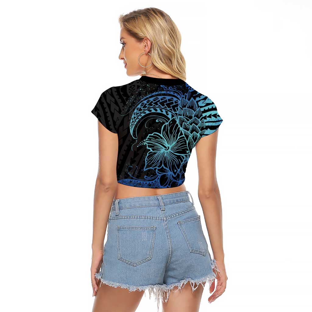 Floral Polynesian Hibiscus Tattoo Raglan Cropped T Shirt Blue Gradient Style LT9 - Polynesian Pride