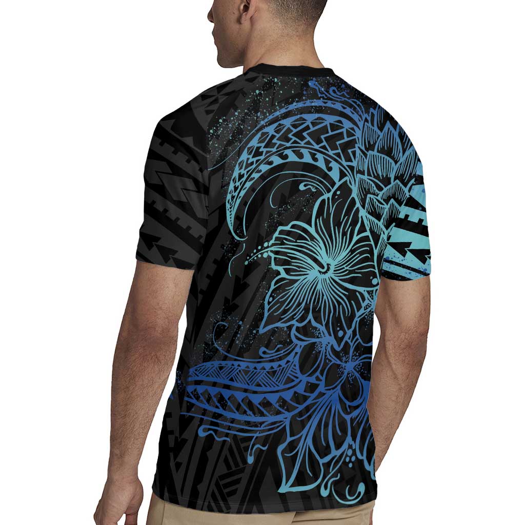 Floral Polynesian Hibiscus Tattoo Rugby Jersey Blue Gradient Style LT9 - Polynesian Pride