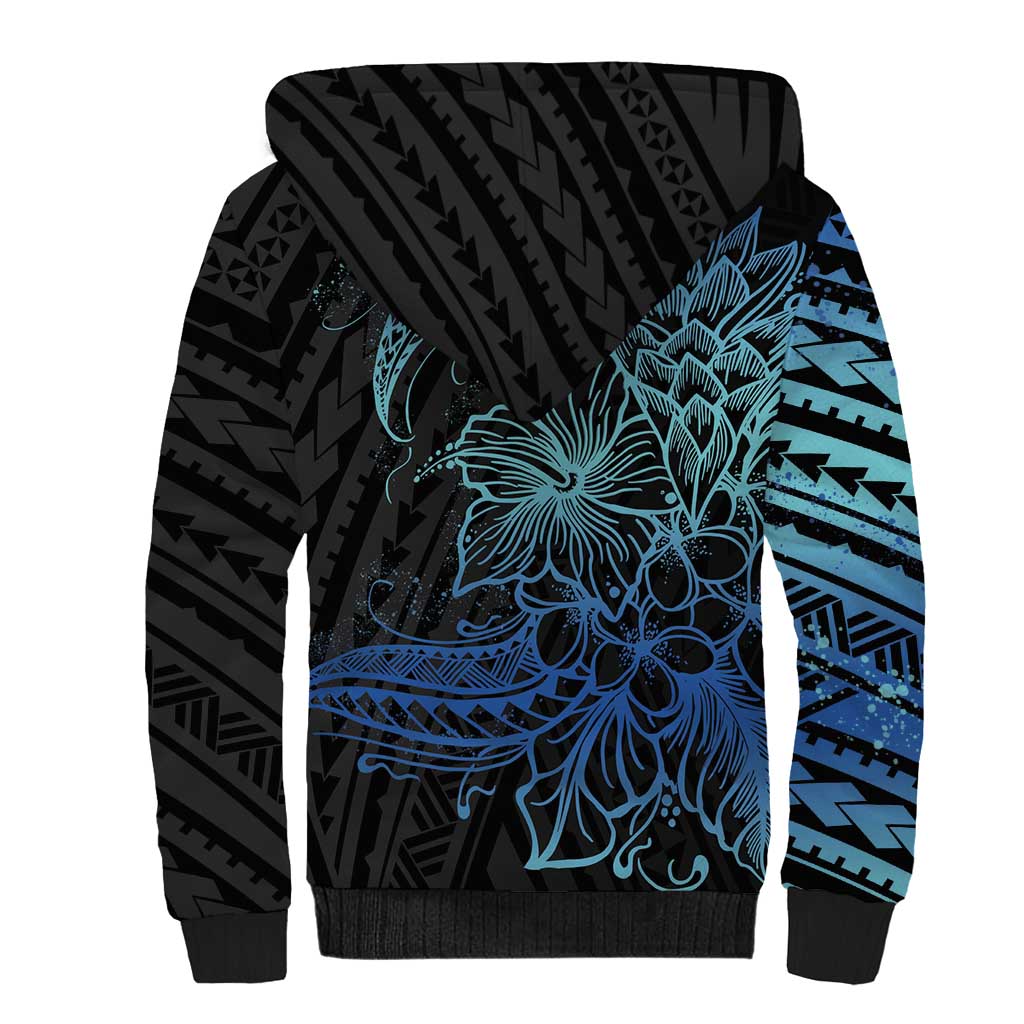 Floral Polynesian Hibiscus Tattoo Sherpa Hoodie Blue Gradient Style LT9 - Polynesian Pride