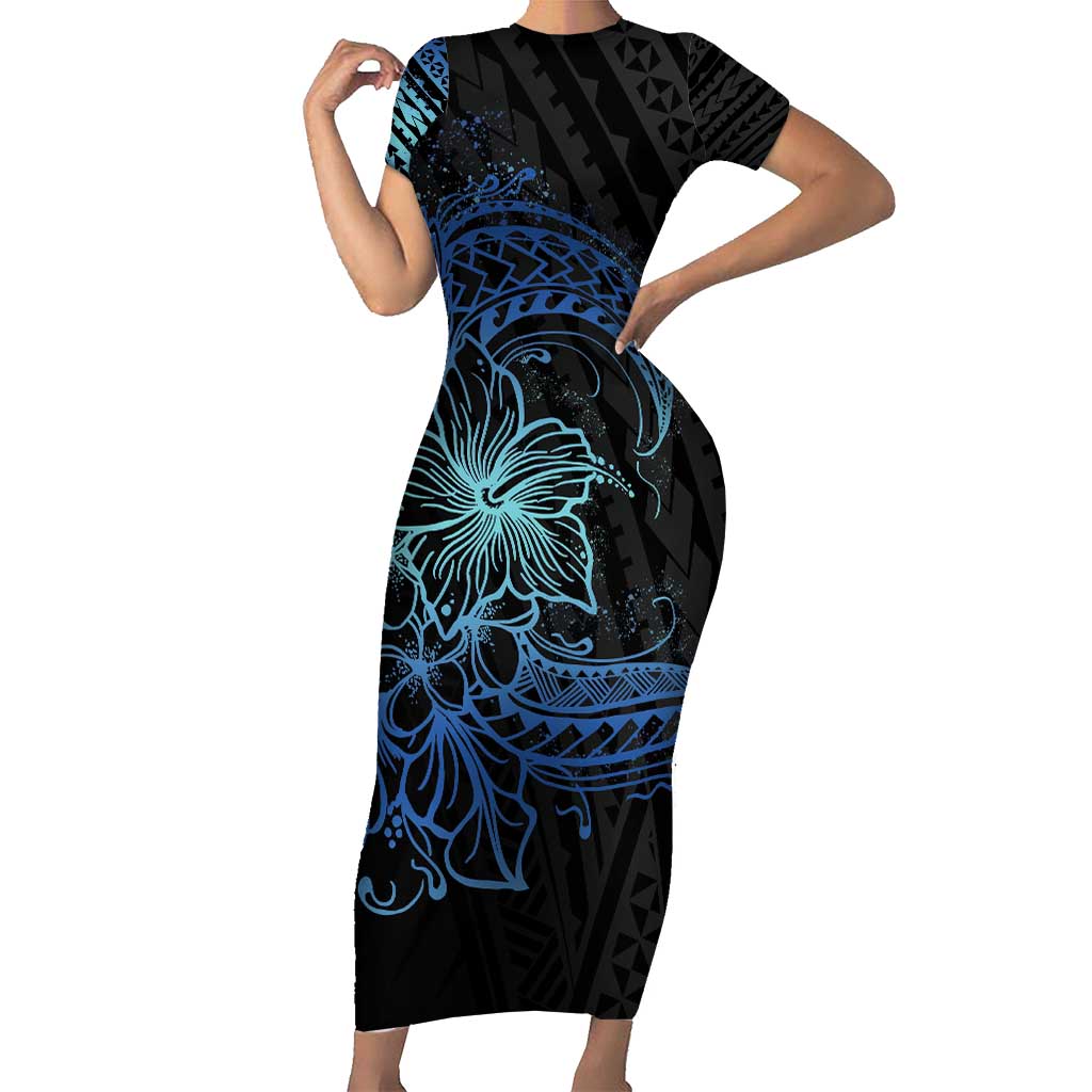 Floral Polynesian Hibiscus Tattoo Short Sleeve Bodycon Dress Blue Gradient Style