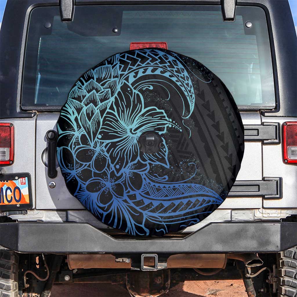 Floral Polynesian Hibiscus Tattoo Spare Tire Cover Blue Gradient Style