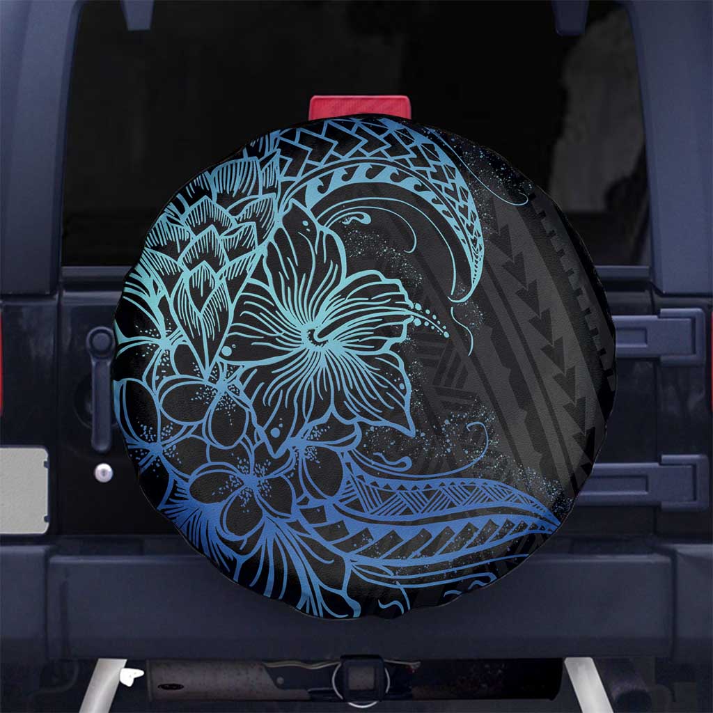 Floral Polynesian Hibiscus Tattoo Spare Tire Cover Blue Gradient Style LT9 - Polynesian Pride