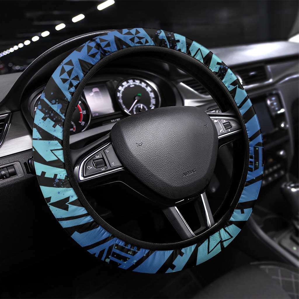 Floral Polynesian Hibiscus Tattoo Steering Wheel Cover Blue Gradient Style LT9 Universal Fit Blue - Polynesian Pride