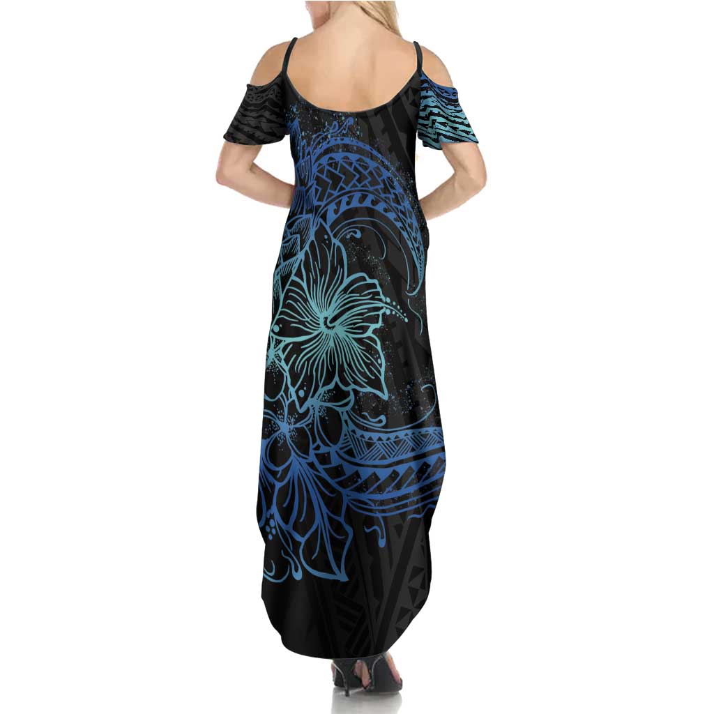 Floral Polynesian Hibiscus Tattoo Summer Maxi Dress Blue Gradient Style LT9 - Polynesian Pride