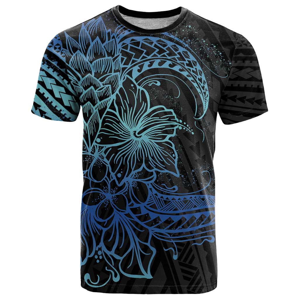 Floral Polynesian Hibiscus Tattoo T Shirt Blue Gradient Style LT9 Blue - Polynesian Pride