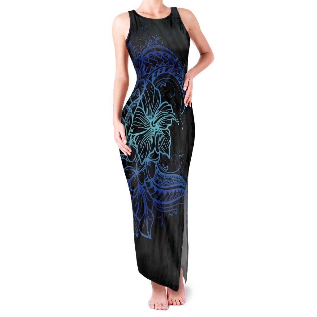 Floral Polynesian Hibiscus Tattoo Tank Maxi Dress Blue Gradient Style LT9 Women Blue - Polynesian Pride
