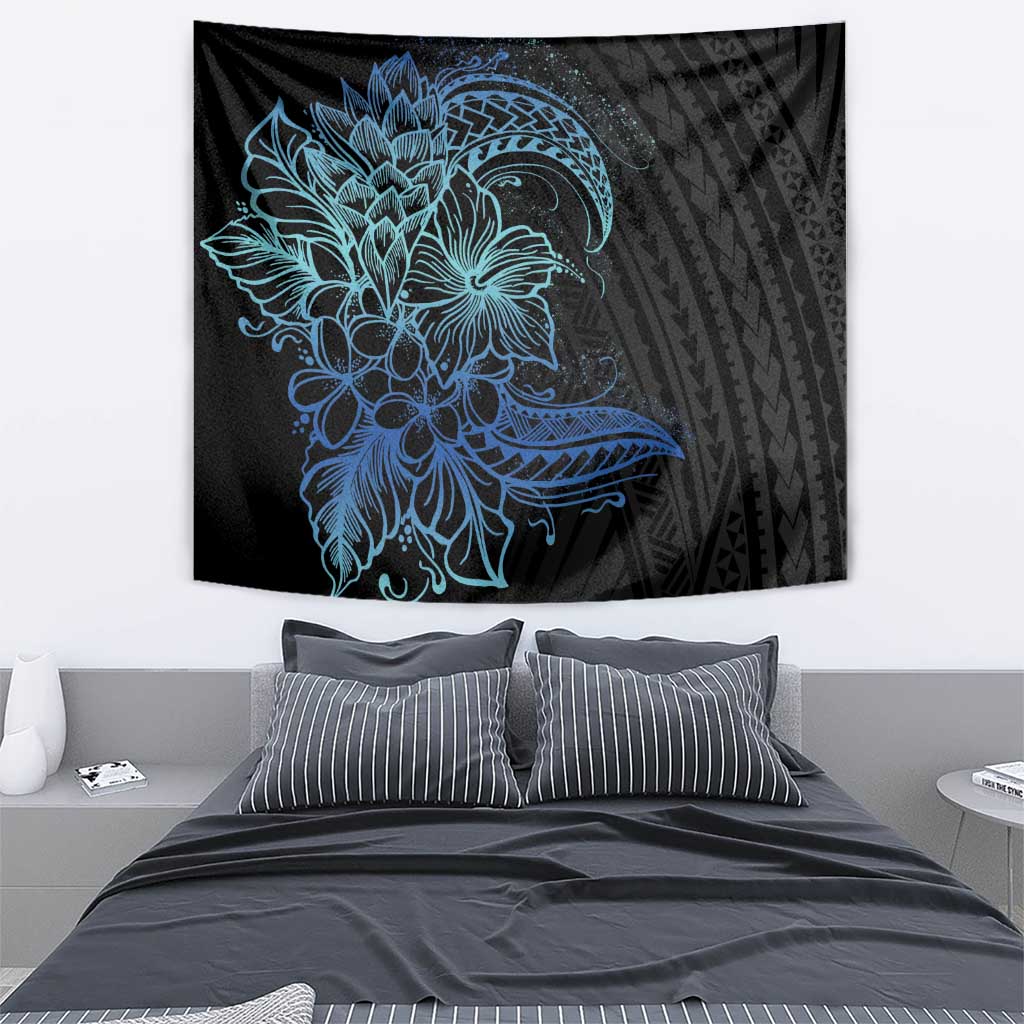 Floral Polynesian Hibiscus Tattoo Tapestry Blue Gradient Style