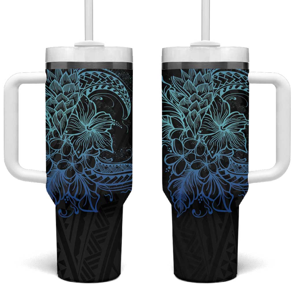 Floral Polynesian Hibiscus Tattoo Tumbler With Handle Blue Gradient Style