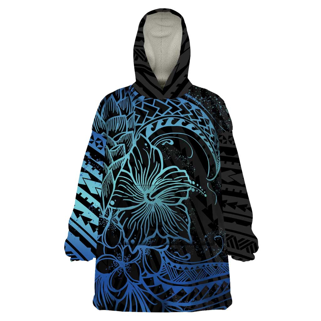 Floral Polynesian Hibiscus Tattoo Wearable Blanket Hoodie Blue Gradient Style