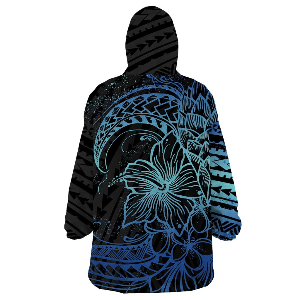 Floral Polynesian Hibiscus Tattoo Wearable Blanket Hoodie Blue Gradient Style LT9 - Polynesian Pride