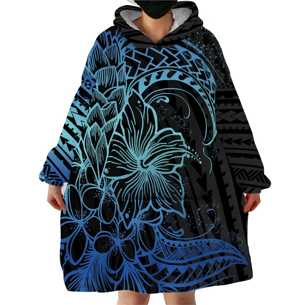 Floral Polynesian Hibiscus Tattoo Wearable Blanket Hoodie Blue Gradient Style LT9 - Polynesian Pride