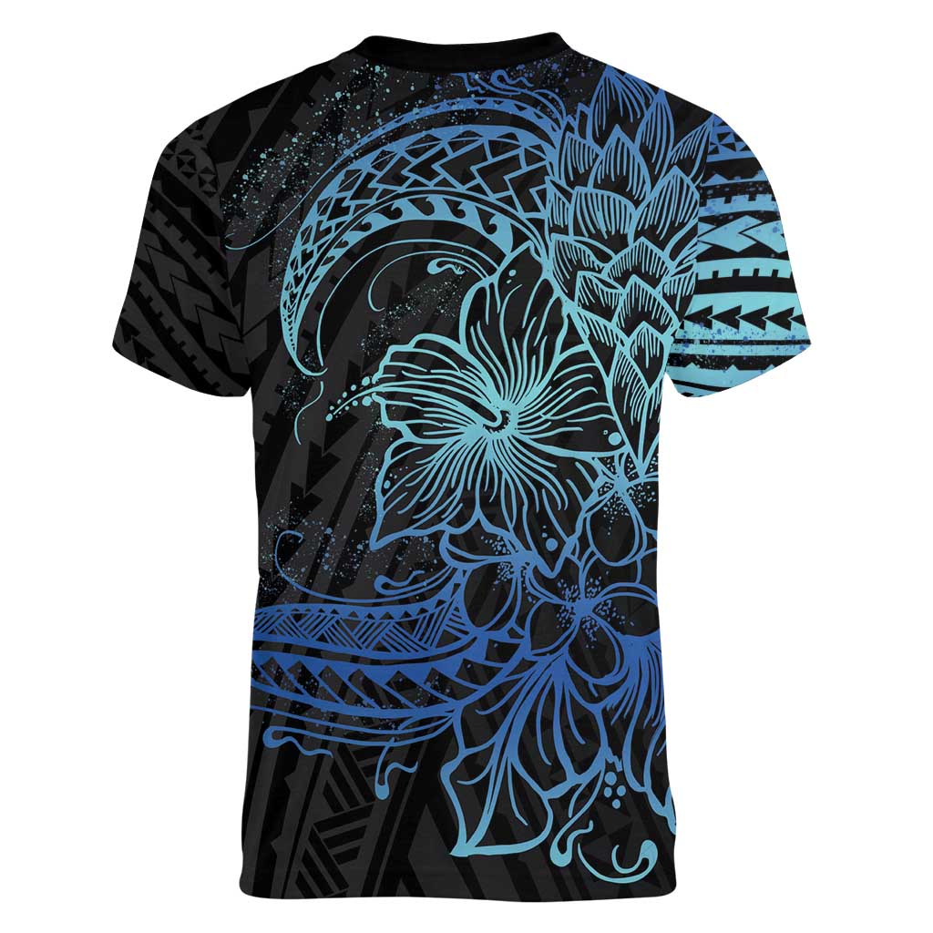 Floral Polynesian Hibiscus Tattoo Women V-Neck T-Shirt Blue Gradient Style LT9 - Polynesian Pride