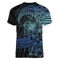 Floral Polynesian Hibiscus Tattoo Women V-Neck T-Shirt Blue Gradient Style LT9 - Polynesian Pride
