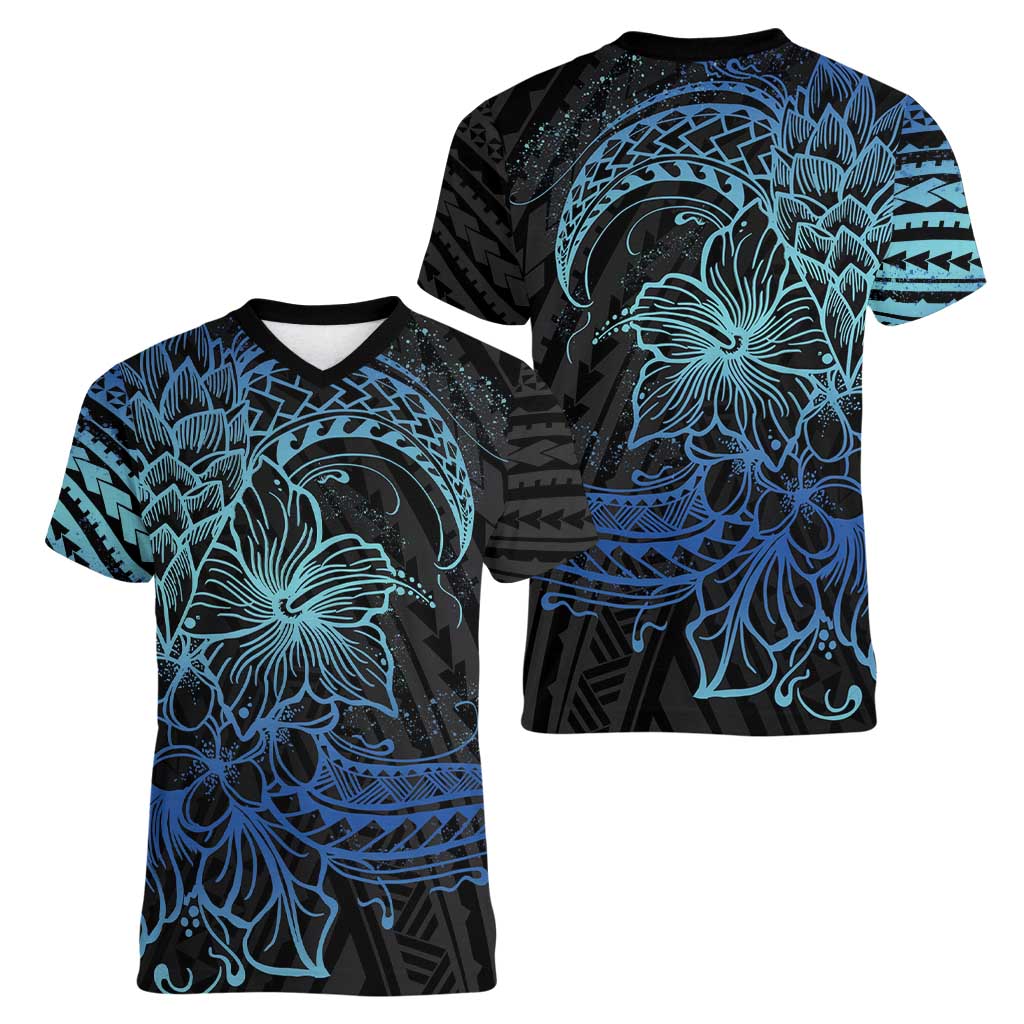Floral Polynesian Hibiscus Tattoo Women V-Neck T-Shirt Blue Gradient Style LT9 - Polynesian Pride