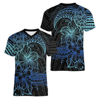 Floral Polynesian Hibiscus Tattoo Women V-Neck T-Shirt Blue Gradient Style LT9 - Polynesian Pride
