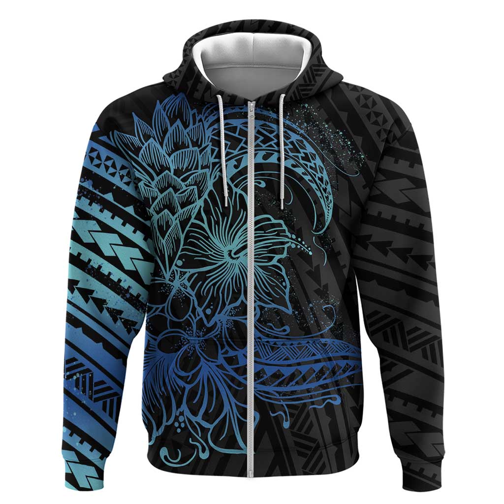 Floral Polynesian Hibiscus Tattoo Zip Hoodie Blue Gradient Style