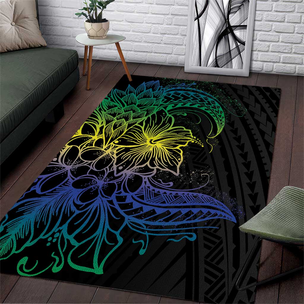 Floral Polynesian Hibiscus Tattoo Area Rug Green Gradient Style