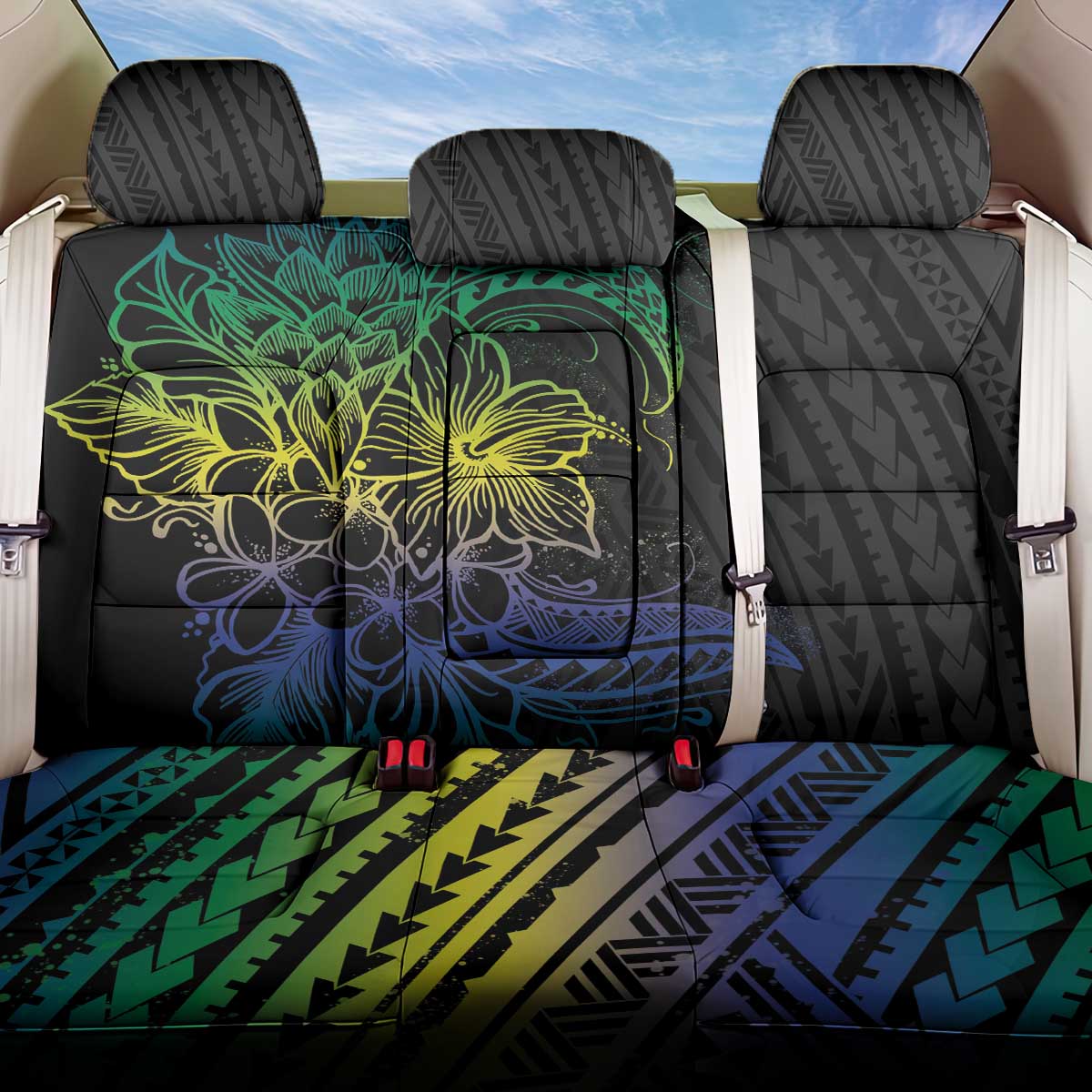 Floral Polynesian Hibiscus Tattoo Back Car Seat Cover Green Gradient Style