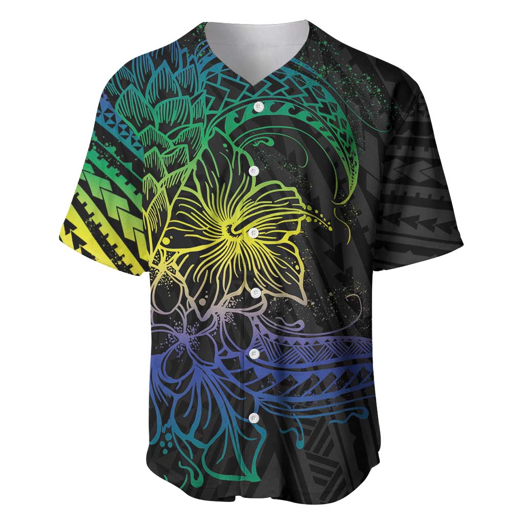 Floral Polynesian Hibiscus Tattoo Baseball Jersey Green Gradient Style