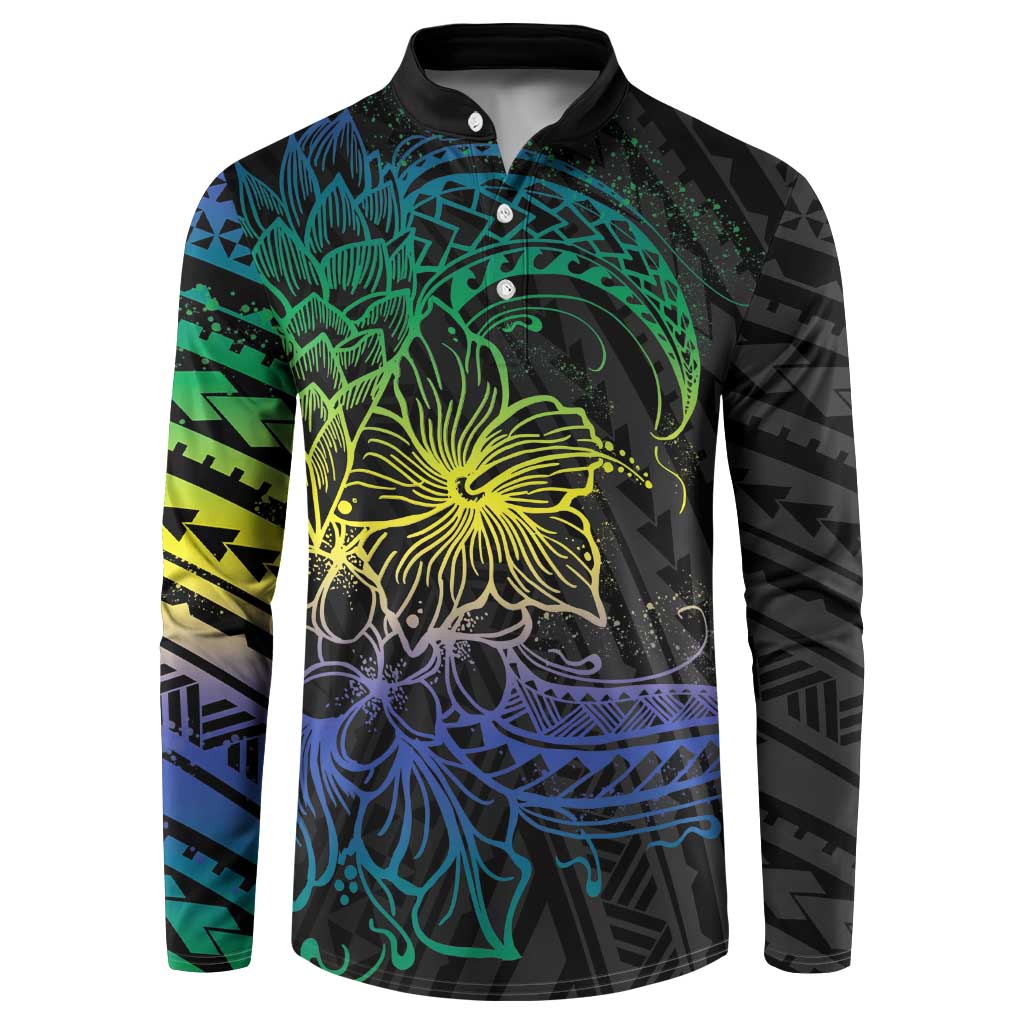 Floral Polynesian Hibiscus Tattoo Button Sweatshirt Green Gradient Style