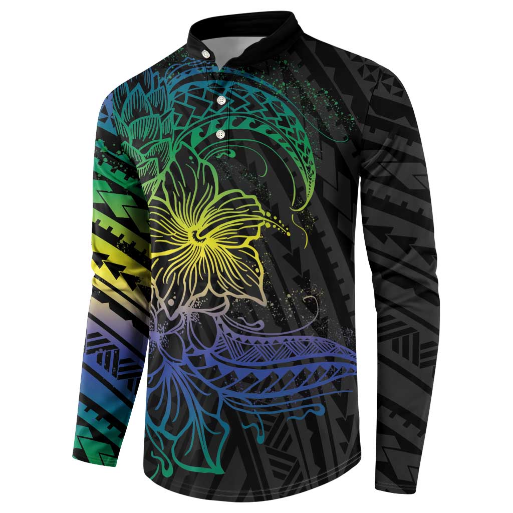Floral Polynesian Hibiscus Tattoo Button Sweatshirt Green Gradient Style