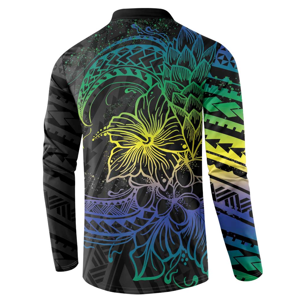 Floral Polynesian Hibiscus Tattoo Button Sweatshirt Green Gradient Style