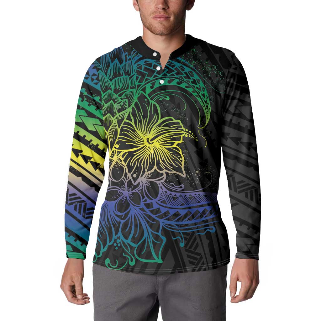 Floral Polynesian Hibiscus Tattoo Button Sweatshirt Green Gradient Style