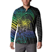 Floral Polynesian Hibiscus Tattoo Button Sweatshirt Green Gradient Style