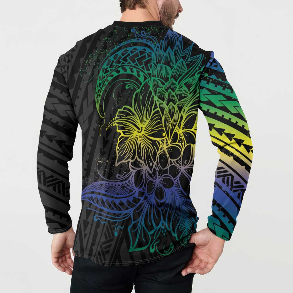 Floral Polynesian Hibiscus Tattoo Button Sweatshirt Green Gradient Style