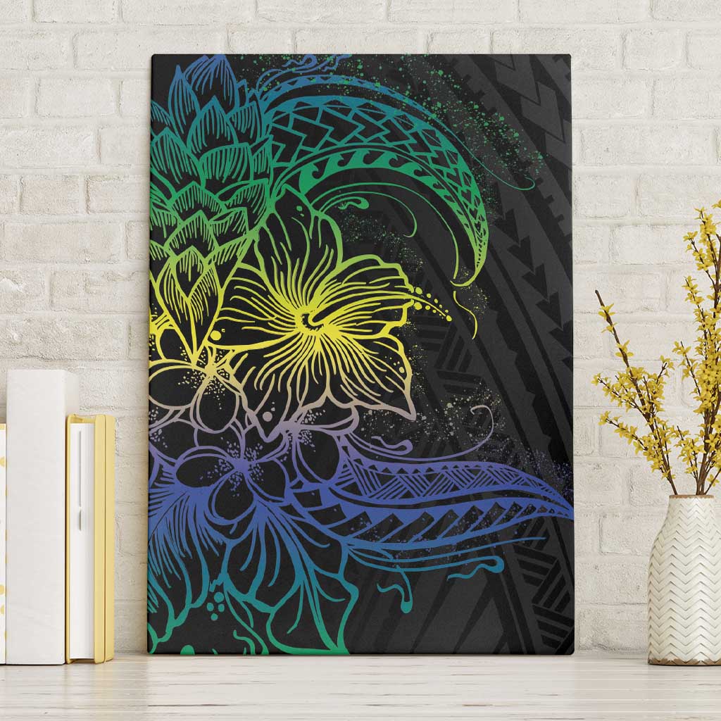 Floral Polynesian Hibiscus Tattoo Canvas Wall Art Green Gradient Style