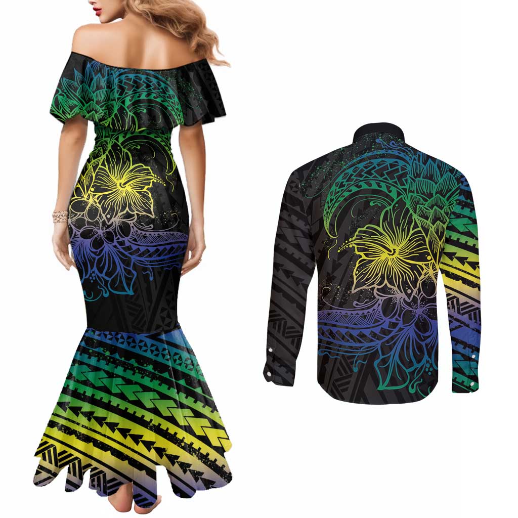 Floral Polynesian Hibiscus Tattoo Couples Matching Mermaid Dress and Long Sleeve Button Shirt Green Gradient Style LT9 - Polynesian Pride