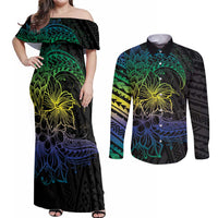 Floral Polynesian Hibiscus Tattoo Couples Matching Off Shoulder Maxi Dress and Long Sleeve Button Shirt Green Gradient Style LT9 Green - Polynesian Pride