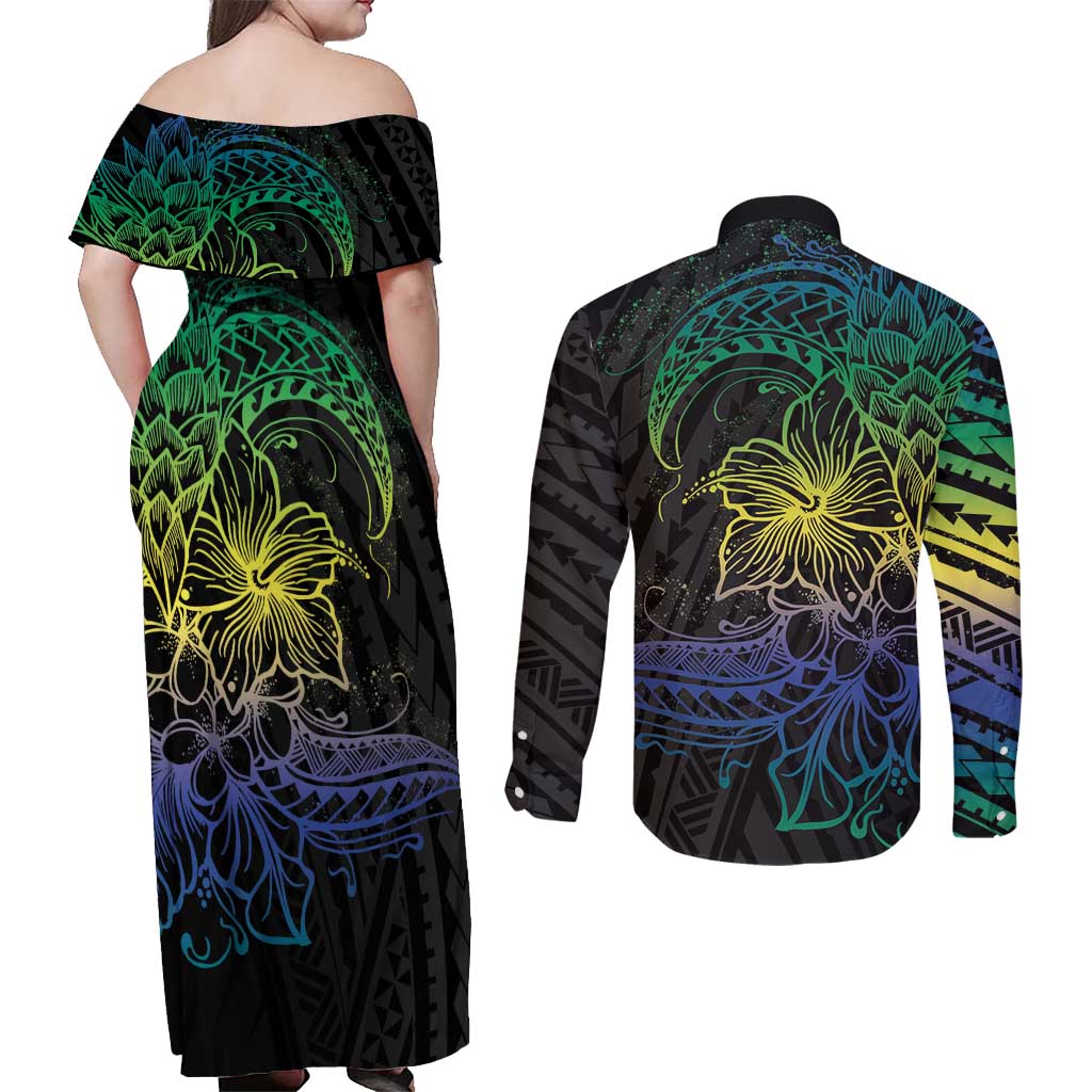 Floral Polynesian Hibiscus Tattoo Couples Matching Off Shoulder Maxi Dress and Long Sleeve Button Shirt Green Gradient Style LT9 - Polynesian Pride