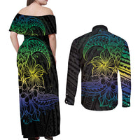 Floral Polynesian Hibiscus Tattoo Couples Matching Off Shoulder Maxi Dress and Long Sleeve Button Shirt Green Gradient Style LT9 - Polynesian Pride