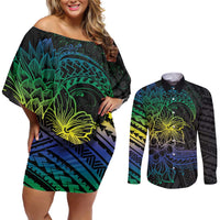 Floral Polynesian Hibiscus Tattoo Couples Matching Off Shoulder Short Dress and Long Sleeve Button Shirt Green Gradient Style LT9 Green - Polynesian Pride