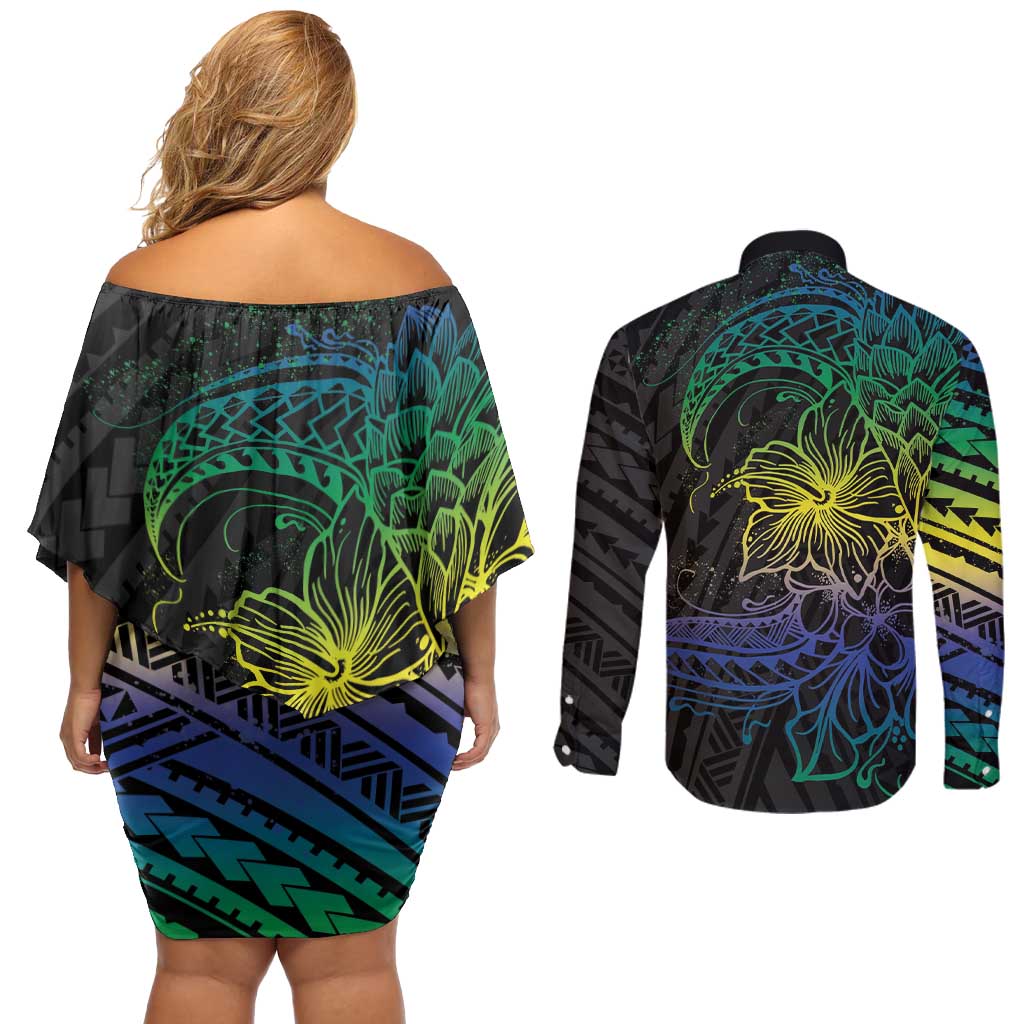 Floral Polynesian Hibiscus Tattoo Couples Matching Off Shoulder Short Dress and Long Sleeve Button Shirt Green Gradient Style LT9 - Polynesian Pride