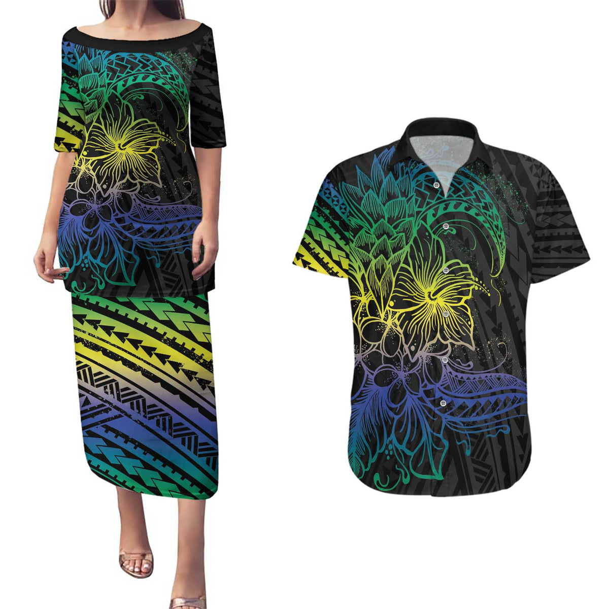 Floral Polynesian Hibiscus Tattoo Couples Matching Puletasi and Hawaiian Shirt Green Gradient Style LT9 Green - Polynesian Pride