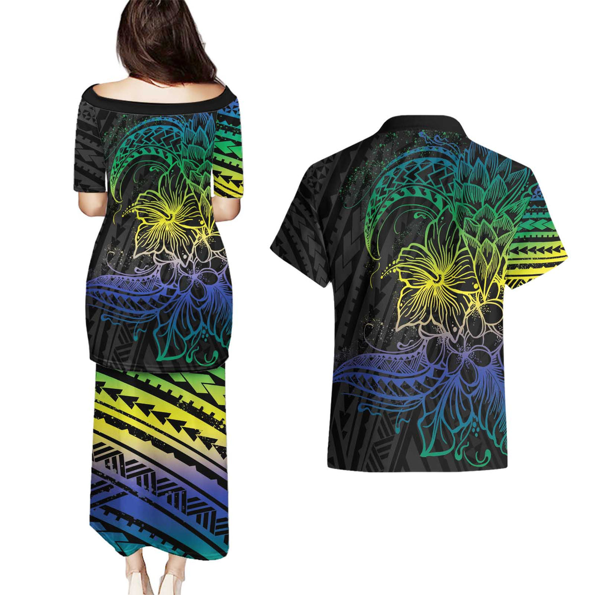 Floral Polynesian Hibiscus Tattoo Couples Matching Puletasi and Hawaiian Shirt Green Gradient Style LT9 - Polynesian Pride