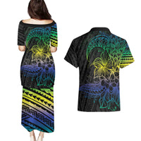 Floral Polynesian Hibiscus Tattoo Couples Matching Puletasi and Hawaiian Shirt Green Gradient Style LT9 - Polynesian Pride