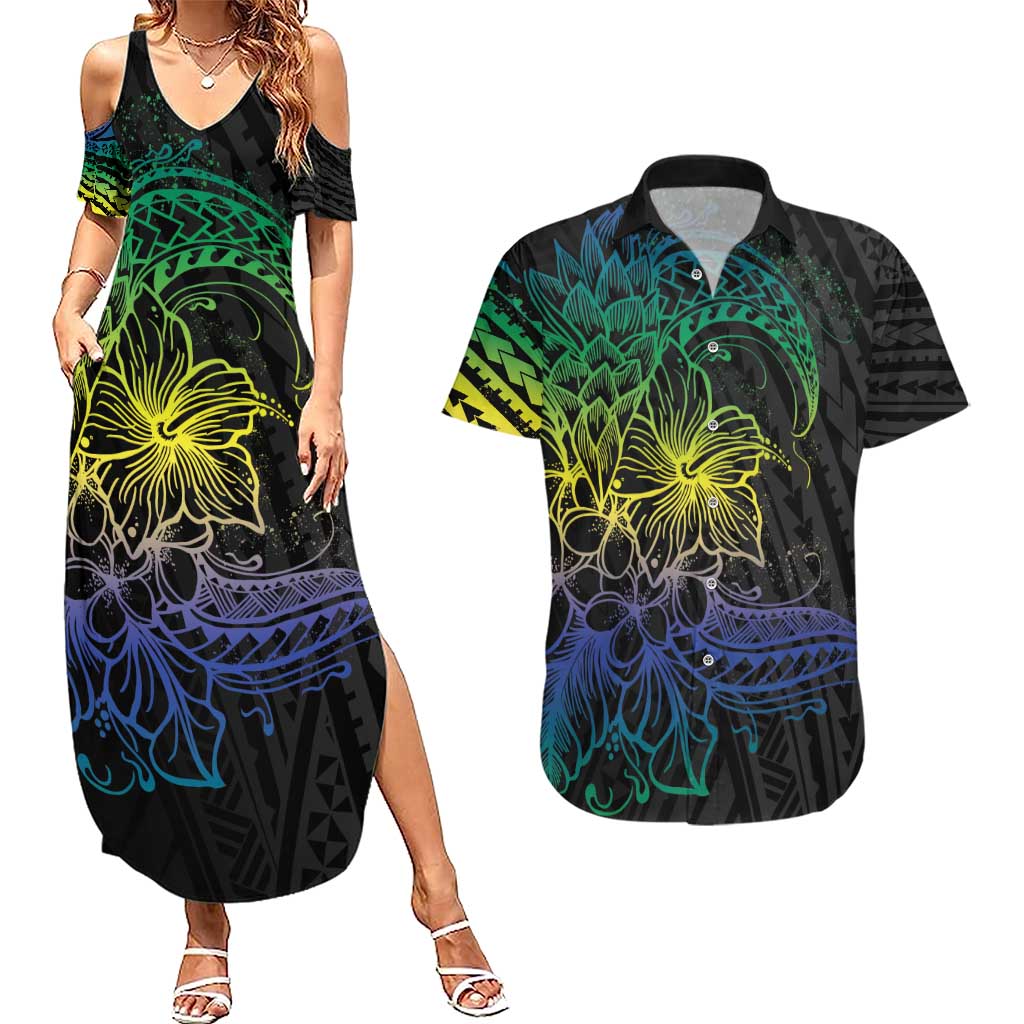 Floral Polynesian Hibiscus Tattoo Couples Matching Summer Maxi Dress and Hawaiian Shirt Green Gradient Style LT9 Green - Polynesian Pride