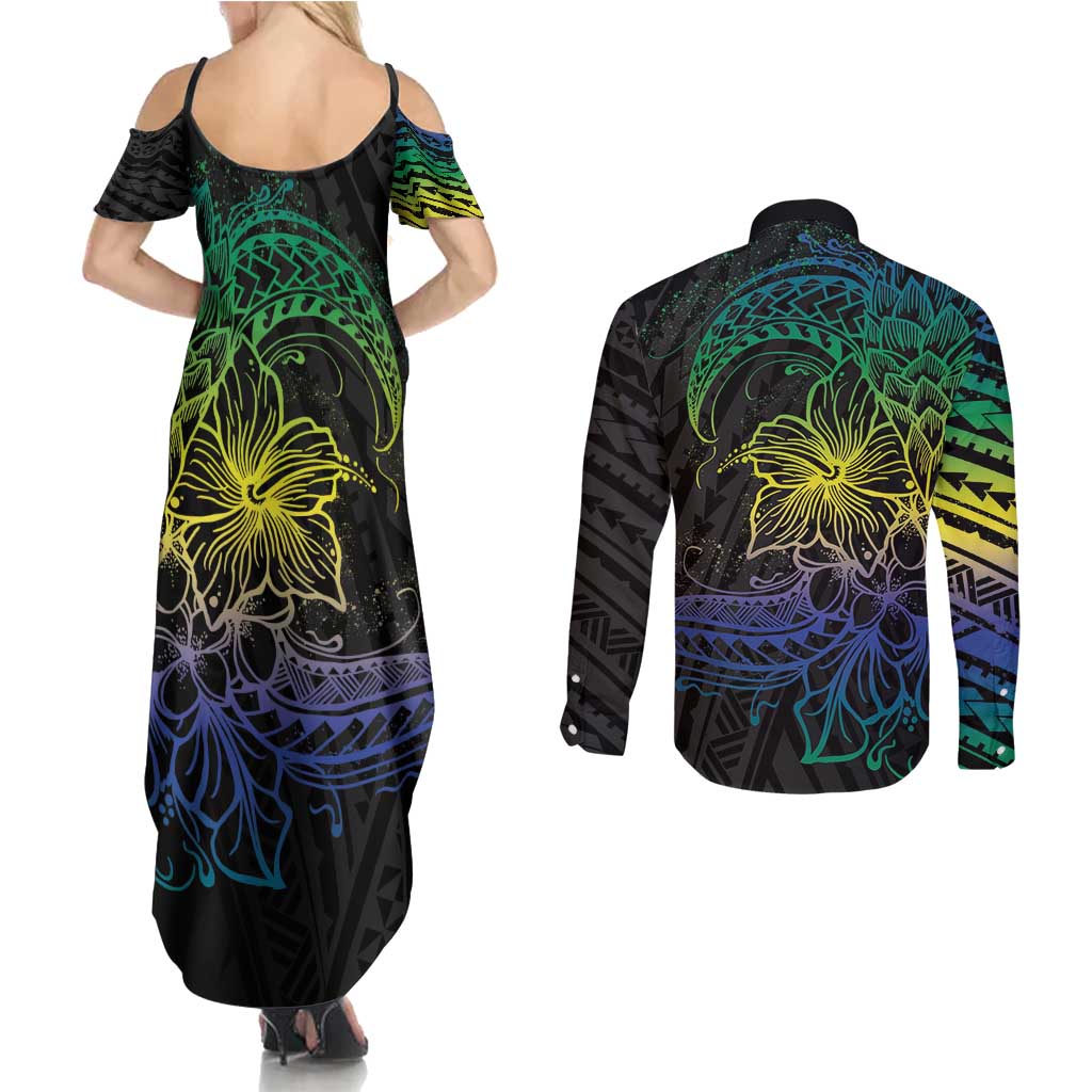 Floral Polynesian Hibiscus Tattoo Couples Matching Summer Maxi Dress and Long Sleeve Button Shirt Green Gradient Style LT9 - Polynesian Pride