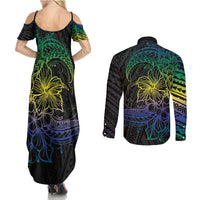 Floral Polynesian Hibiscus Tattoo Couples Matching Summer Maxi Dress and Long Sleeve Button Shirt Green Gradient Style LT9 - Polynesian Pride