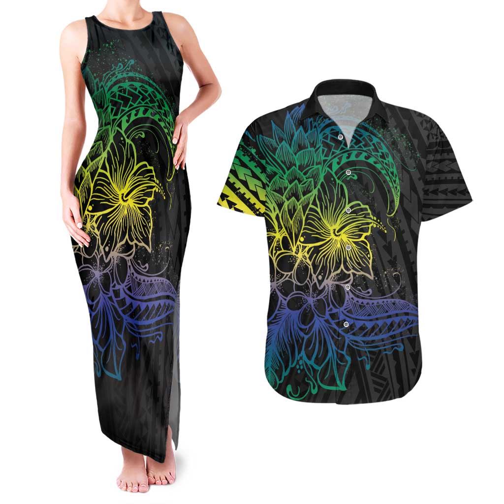 Floral Polynesian Hibiscus Tattoo Couples Matching Tank Maxi Dress and Hawaiian Shirt Green Gradient Style LT9 Green - Polynesian Pride