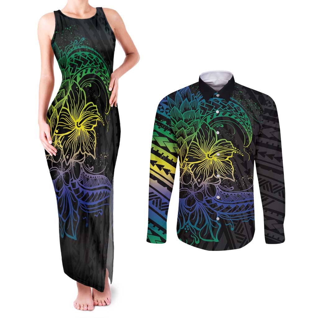 Floral Polynesian Hibiscus Tattoo Couples Matching Tank Maxi Dress and Long Sleeve Button Shirt Green Gradient Style