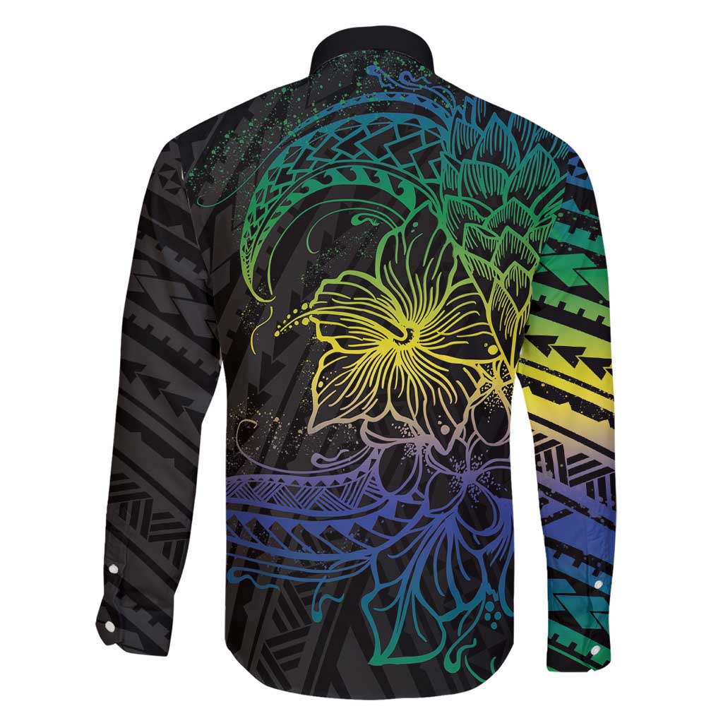 Floral Polynesian Hibiscus Tattoo Family Matching Long Sleeve Bodycon Dress and Hawaiian Shirt Green Gradient Style
