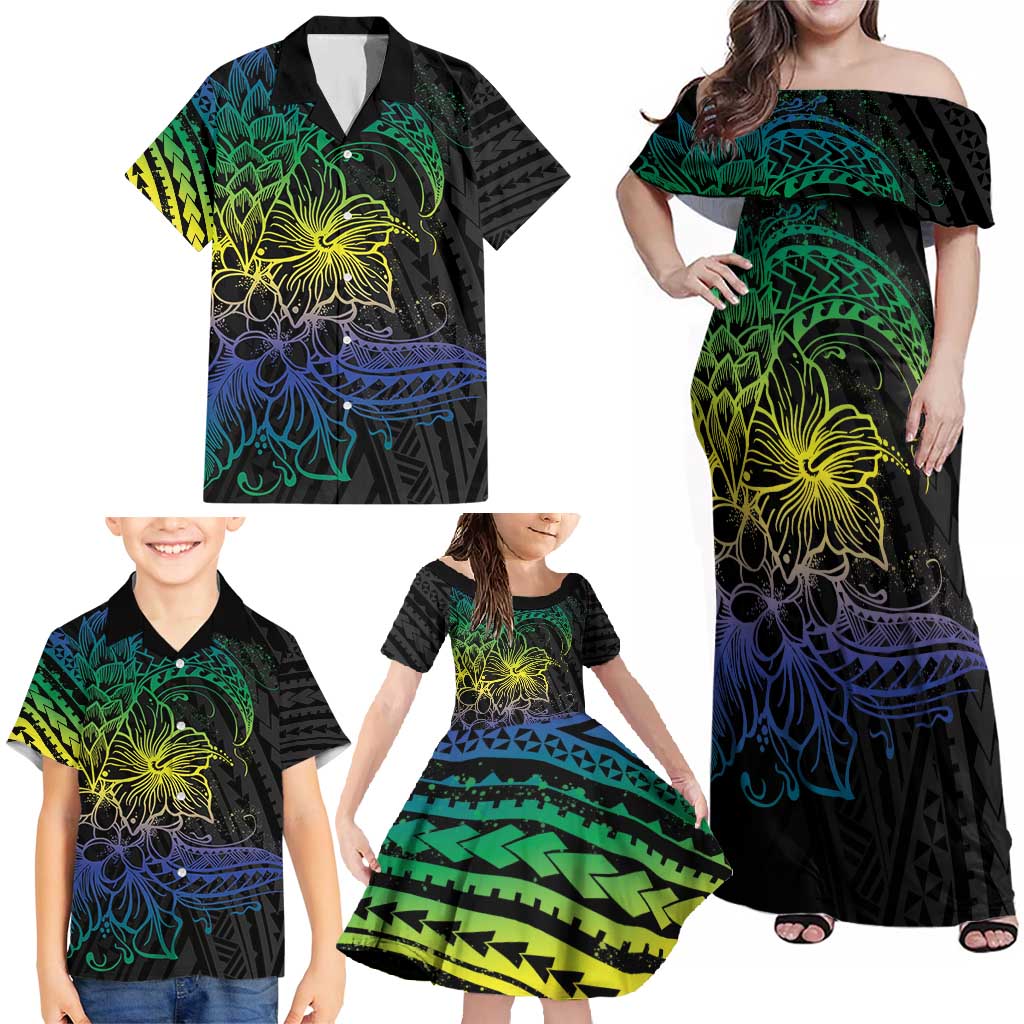 Floral Polynesian Hibiscus Tattoo Family Matching Off Shoulder Maxi Dress and Hawaiian Shirt Green Gradient Style