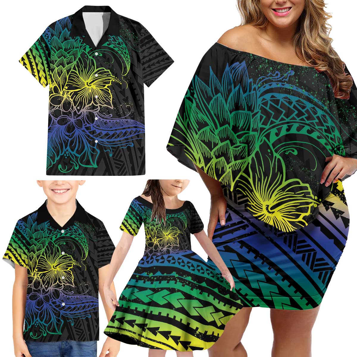 Floral Polynesian Hibiscus Tattoo Family Matching Off Shoulder Short Dress and Hawaiian Shirt Green Gradient Style